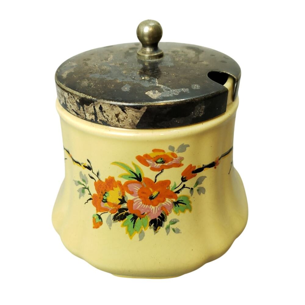 Vintage 1930s English Flosmaron Mustard Jar Biscuit Barrel Floral Art Decor